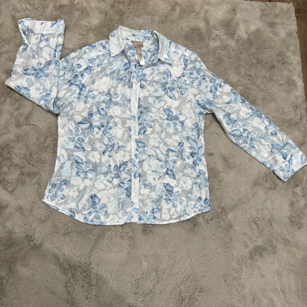 Chico’s Women Floral Button-Up Shirt Blue White Sheer Long Sleeve Blouse Size L